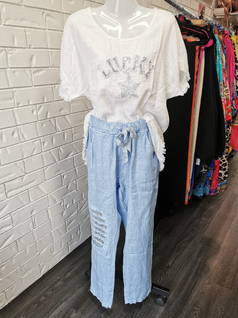 Perel Linen Blue Pants Large Zip Handbags and Accessories